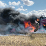 This combine is a total loss after a fire on the LeBlanc farm near Estevan, Sask., Sept. 2. Gracie LeBlanc, 13, was harvesting canola at the time and safely exited the cab before it was engulfed in flames. | Jason LeBlanc photo