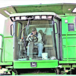 Bob Stevens, 94-years-old of Fiske, Sask., runs the combine while his 84-year-old brother, Norm, sets up augers to move wheat and drives the truck to the yard to unload. | Paula Larson photo