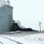 An annex bin at the grain elevator in Pense, Sask., blew over in the strong winds. | Karen Briere photo