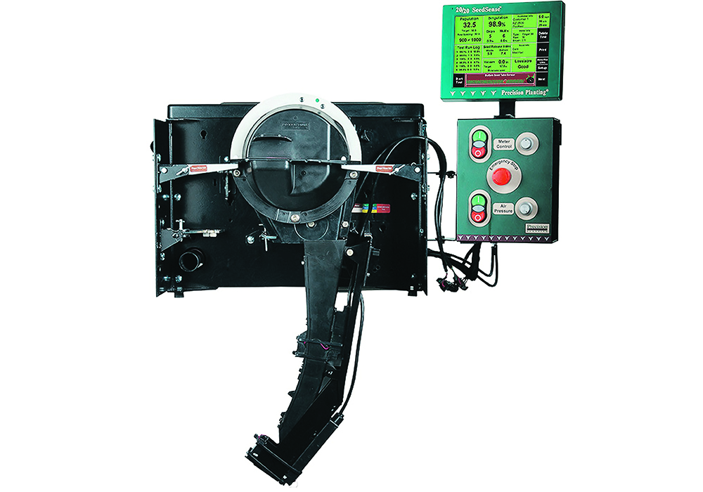 The Meter Max Ultra Test Stand calibrates any brand or type of meter.  It drives the meter at the same speed and population the grower dials in. The test consists of a 1,000 seed drop keeping track of skips, doubles and miss-placed seeds. It applies an appropriate value to each seed dropped off target. The results are displayed on the 20/20 SeedSense screen and a printable report is generated.  | CaseIH photo