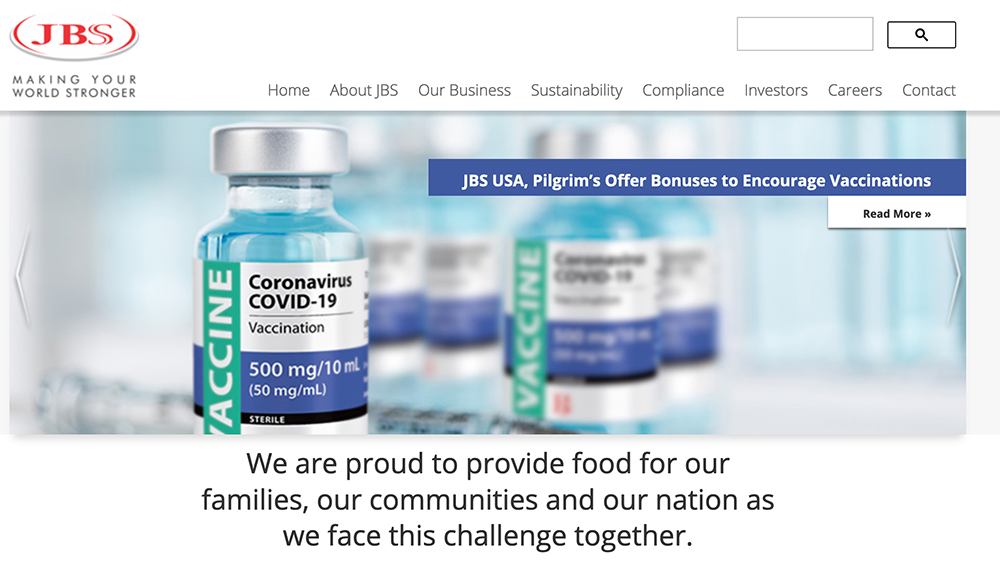 The bonus is intended to encourage employees to get inoculations, after thousands of U.S. meat-packing workers became infected with the coronavirus last year. | Screencap via jbssa.com