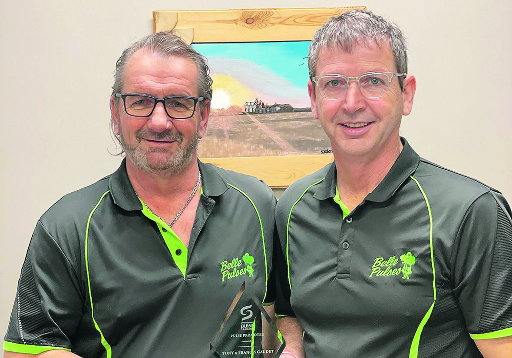 Tony Gaudet, left, and Francis Gaudet own Belle Pulses, a pulse processing company with facilities at Bellevue, Sask., and Duck Lake, Sask. The Gaudet family, including grandfather Jean and father Ronald, have been supplying peas to North American food manufacturers for approximately 70 years. | Photo courtesy Saskatchewan Pulse Growers