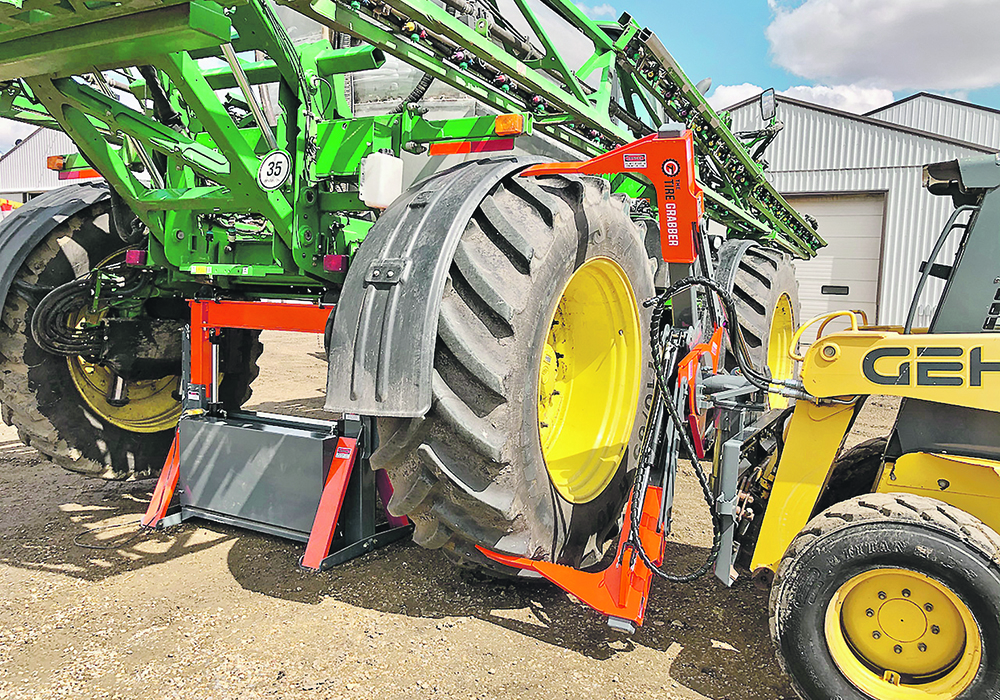 The TireGrabber allows producers to safely handle both small and large farm tires.  |  TireGrabber photo