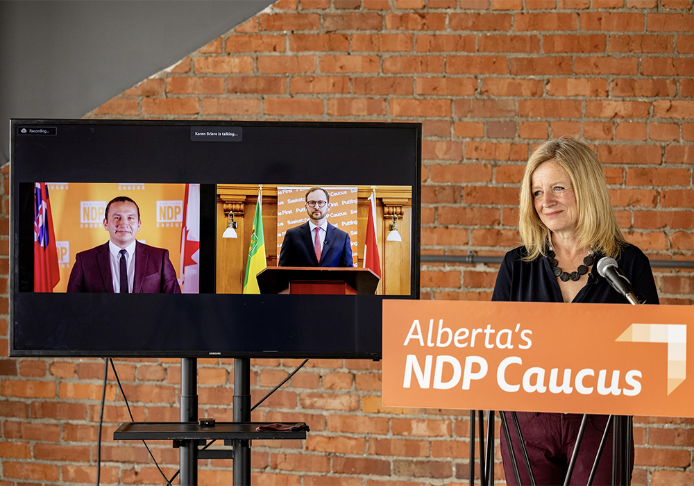 Alberta’s Rachel Notley, Ryan Meili in Saskatchewan and Wab Kinew in Manitoba said the economic recovery from COVID and the prosperity of the Prairies depends on farmers. | Twitter/@RachelNotley photo
