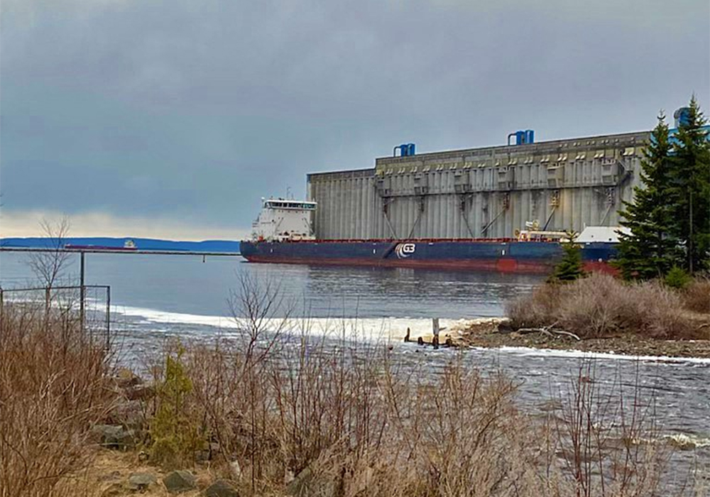 Strong global demand for Canadian grains and oilseed continues to draw down stocks of all major crops. Here, the freighter G3 Marquis takes on a load of grain at Richardson's Current River elevator at Thunder Bay. | Photo courtesy of the Port of Thunder Bay