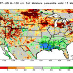 Data from NASA shows that millions of acres of farmland, in northern North Dakota and across the border into Manitoba and Saskatchewan, have extremely low soil moisture this spring. | map via NASA.gov