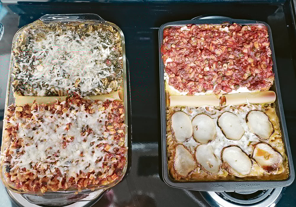 Jackie Kellington puts two recipes in one dish to give more variety for her field meals. A large noodle acts as a divider in the middle of the pan. | Jackie Kellington photo