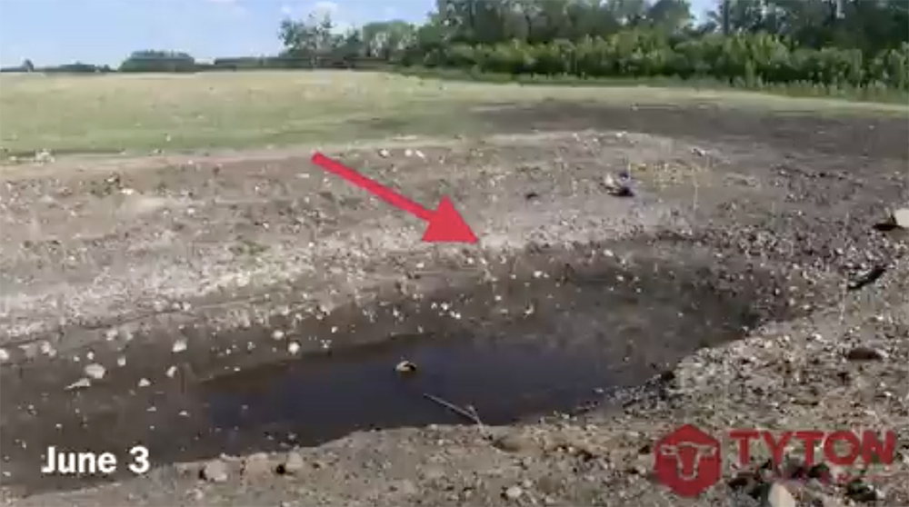 Tyler Fulton, a cattle producer from Birtle, Man., took a photo of one of his dugouts in early June. In a normal year, the dugout would supply water to cattle until August. | Twitter/@ETFulton photo