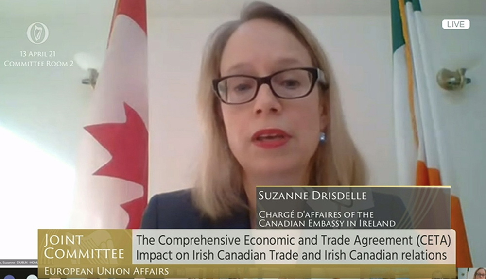 Suzanne Drisdelle, chargé d’affaires at the Canadian Embassy in Irekand, spoke about the value of CETA when she addressed an Irish government committee in April. | Screencap via Twitter/@canadaireland