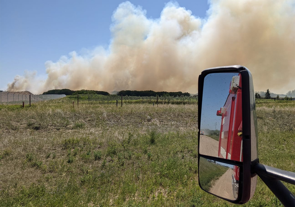 The fire risk throughout the province is extreme, including in the agricultural areas. The Delisle and District Volunteer Fire Department southwest of Saskatoon responded to 7 calls for service on Canada Day, including providing mutual aid to the Asquith Fire Department at this grass fire northwest of Vanscoy. | Shaughn Wittman, Delisle and District Volunteer Fire Department photo