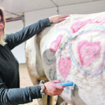 Laura Hill writes her “power symbol” on her Empower U Equine partner at the first women’s retreat. | Christalee Froese photo