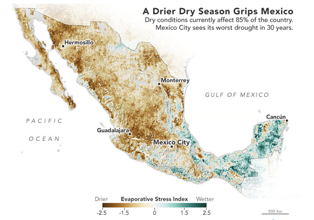 Water shortages are common in parts of the country but have worsened amid recent extreme heat. | Screencap via nasa.gov