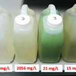 The red labels tell a story the dugout water samples don’t tell. Samples one and two look almost clear, but have extremely high levels of dissolved sulfates. Samples three and four look pretty ugly, but they’re actually safe for cattle, says Catherine Lang, livestock feed specialist with Saskatchewan Ministry of Agriculture. | Saskatchewan Ministry of Agriculture photo
