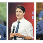 NDP leader Jagmeet Singh, left, speaks to the press in Montreal, Que., after Prime Minister Justin Trudeau called an early election on Aug. 15. | Reuters/Christinne Muschi photo | Prime Minister Justin Trudeau, centre, speaks in Ottawa during a virtual town hall with Liberal candidates after announcing a federal election. | Reuters/Patrick Doyle photo | Conservative Party leader Erin O’Toole, right, speaks during Question Period in the
House of Commons on Parliament Hill. | Reuters/Blair Gable photo