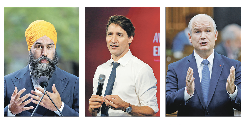 NDP leader Jagmeet Singh, left, speaks to the press in Montreal, Que., after Prime Minister Justin Trudeau called an early election on Aug. 15. | Reuters/Christinne Muschi photo | Prime Minister Justin Trudeau, centre, speaks in Ottawa during a virtual town hall with Liberal candidates after announcing a federal election. | Reuters/Patrick Doyle photo | Conservative Party leader Erin O’Toole, right, speaks during Question Period in the 
House of Commons on Parliament Hill. | Reuters/Blair Gable photo