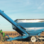 XT carts range in capacity from 850 bushels requiring 200 horsepower, up to 1,500 bu. requiring 300 h.p. They all feature a 20-inch auger with half-inch, double-pitch flighting and they all move 600 bu. per minute. | Brandt photo