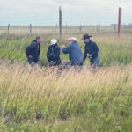 Participants in the Saskatchewan Forage Pasture Tour examine the bison rubbing rock. | Melissa Bezan photo