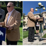 “We thank both levels of government for recognizing the severity of the disaster and enacting AgriRecovery (the disaster payment program),” said Tyler Fulton as he stood beside Manitoba ag minister, Ralph Eichler, with the striding Golden Boy high over their left shoulders atop the legislature. | Twitter/@EdWhiteMarkets photo