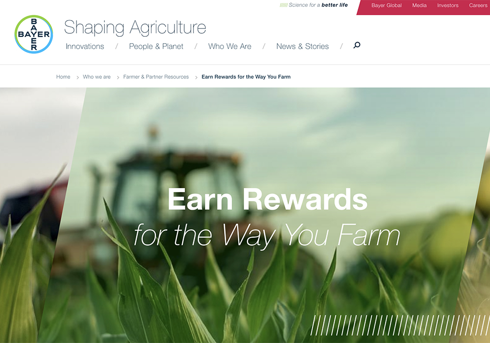 Bayer's Carbon Program is an early leader in the drive to encourage farmers to capture carbon by planting off-season crops, tilling the ground less and use fertilizer more efficiently. | Screencap via cropscience.bayer.com