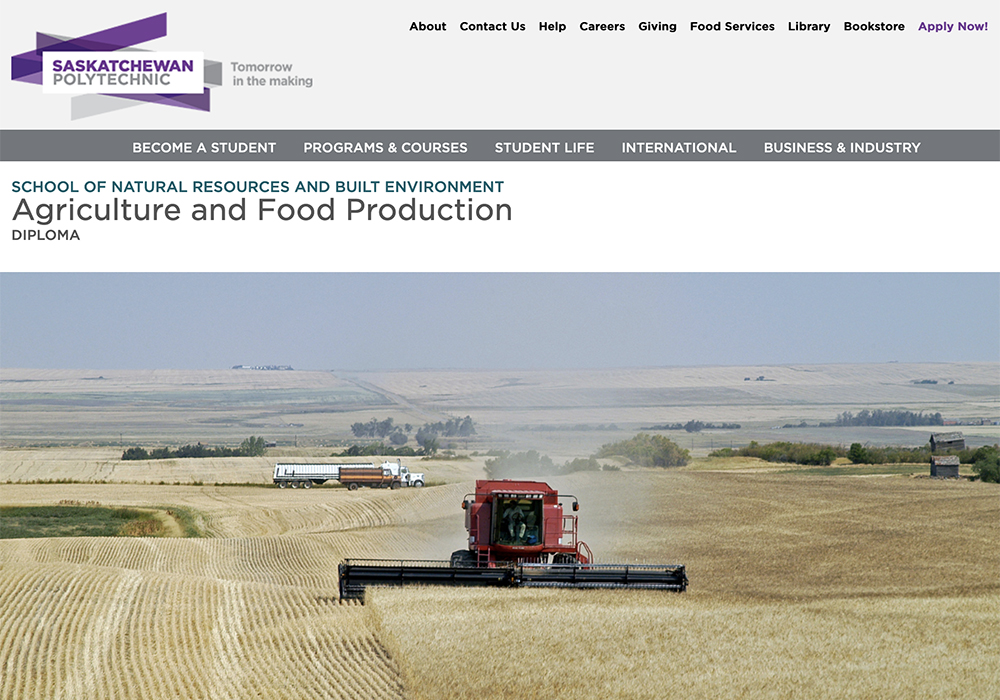 The three-year diploma is expected to include classes involving farm management, agriculture machinery, agriculture technology, crop production and livestock production. | Screencap via saskpolytech.ca