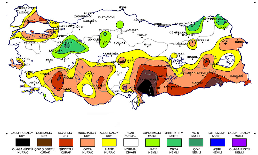 Turkey is dry this Christmas  |  Turkey is heading into the second straight year of drought in key crop-growing areas. That could have a significant impact on production this year. The 2021 drought caused a 15 percent reduction in cereal crop production, a 25 percent decline in chickpeas and a 30 percent drop in red lentils. This soil moisture map shows that much of Turkey’s crop growing area is still experiencing moderate to exceptional drought, including the southwest where many of the major crops are grown.  |  Turkish Meteorological Service illustration