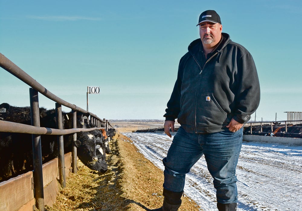 T Bar Cattle Co. owner Brad Betcker stands next to one of his pens at his feedlot in Alberta’s Cypress County. Feed supplies are much less certain than normal this winter for many prairie operations because of last year’s drought and transportation bottlenecks from the United States. | Alex McCuaig photo