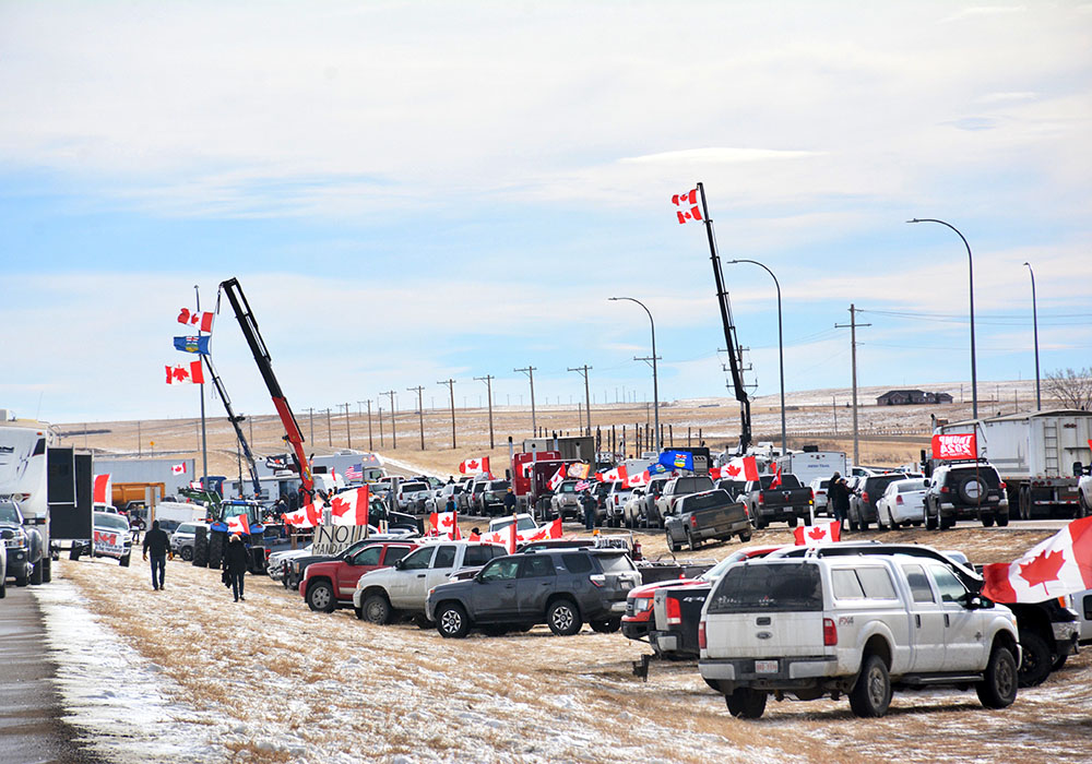 Protesters against pandemic restrictions at the Milk River, Alta., encampment on mid-day on Friday, Feb. 5.  |  Alex McCuaig photo