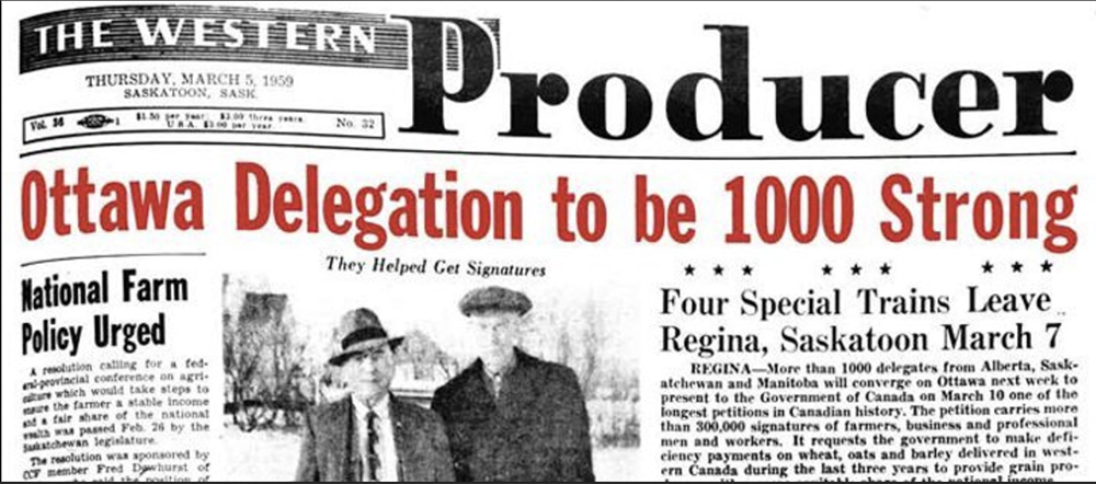In 1959, 1,100 delegates made the trip, this time asking for financial assistance to make up for falling farm revenue.  The Western Producer not only covered that event but also sent its editor and a reporter on the trains to produce daily newspapers for the farmers on board.  | WP archive photo