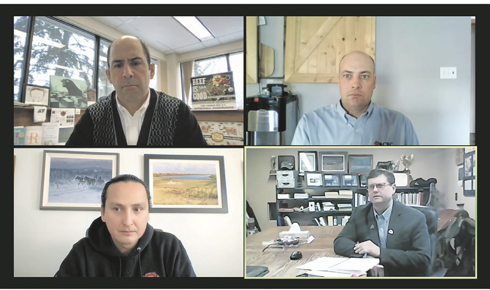 Moderator Ryder Lee, clockwise from top left, Ryan Beierbach, Chad Ross and Cadmus Delorme participated in a panel discussion during the recent Saskatchewan Beef Industry Conference. | Screen capture