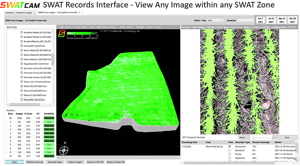 Once the data is uploaded to the SWAT Cam servers, crop and weed maps are generated. So far, there are 13 different crop models and four weed models available, and in 2023, plant stand counts will be available for some crops.  |  Croptimistic Technology image