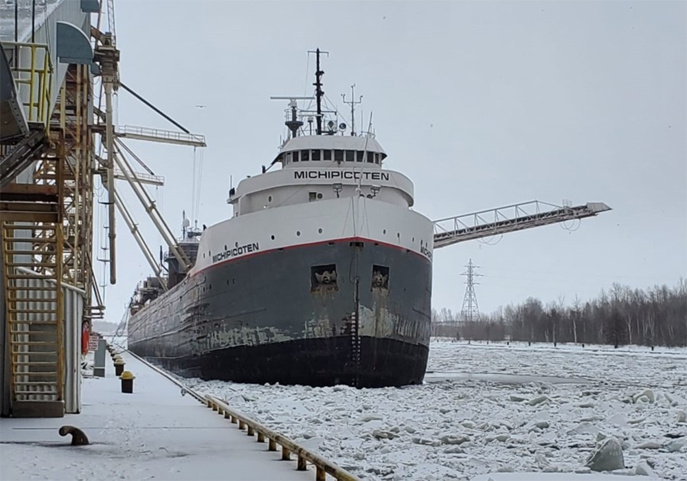 MV Michipicoten was the first vessel of the 2022 navigation season to arrive at the Port of Thunder Bay. It was to be loaded with oats bound for Toledo, Ohio. | Photo courtesy of the Port of Thunder Bay