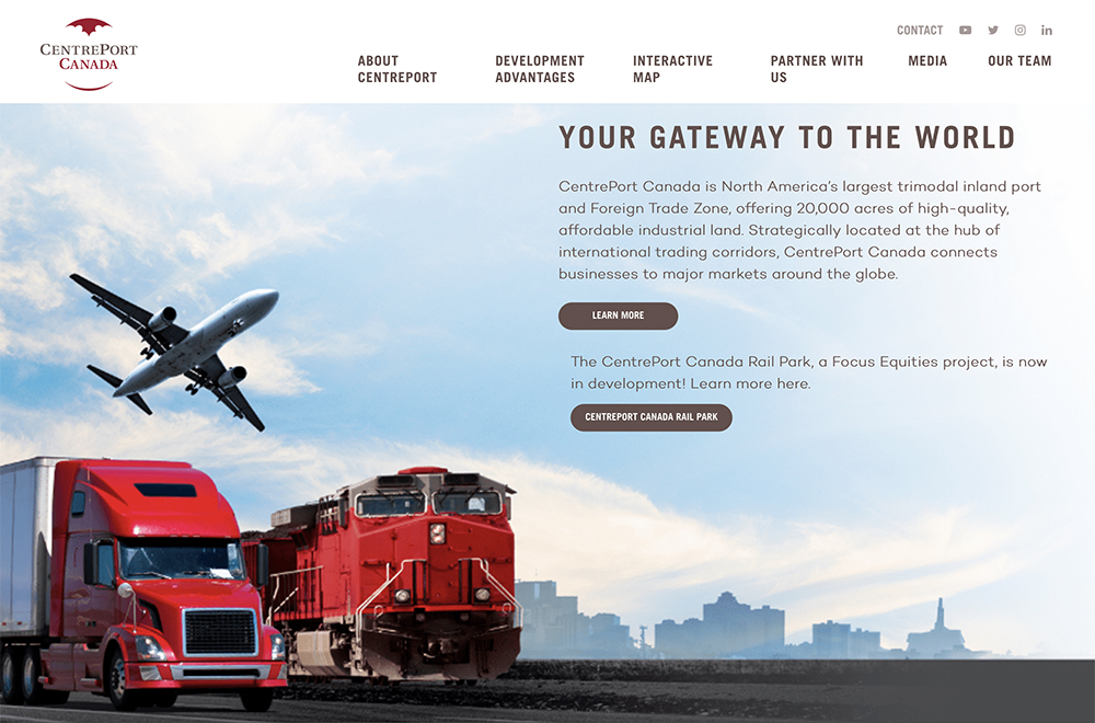 CentrePort is a sprawling concept that is, piece by piece, becoming an impressive logistical reality on Winnipeg’s west side. It brings together air, rail and road systems, directly connecting the site to the East and West Coasts as well as most of North America. | Screencap via centreportcanada.ca