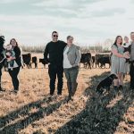 Jordan and Chelsea Pellerin and their two boys, left, Richard and Carolyn Geiger, and Kassidy and Gordon Derewianko with their daughter on the family farm near Westlock. | Supplied photo