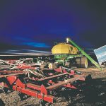 Seeding was underway near Corning, Sask., at 3:53 a.m. on May 10. Farmers will be working when they can to get the crop in the ground this season. | Braedyn Wozniak photo