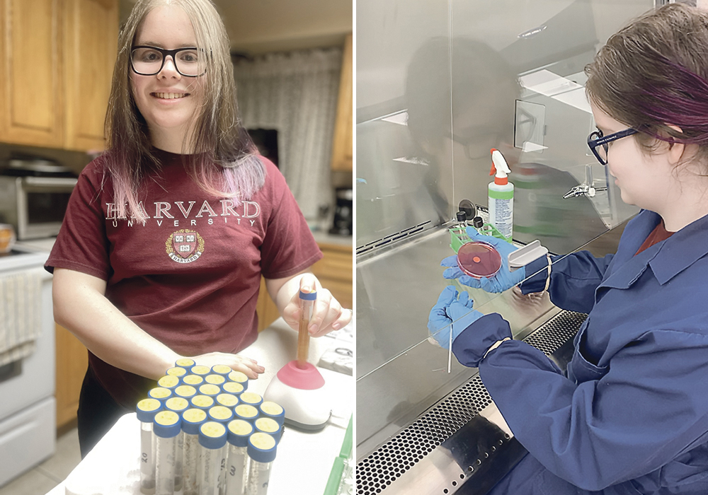 Mac Dykeman, 16, of Langley B.C. found baby chicks have reduced stress when listening to classical music. The young 4-H member won the Canadian Acoustical Association Award and the Challenge Award – Agriculture, fisheries, and Food at the Canada-Wide Science Fair for her project "A Simple, Scalable Method for Reducing Stress in Chicks During the First Seven Days Post Hatch." | Mac Dykeman, Kwantlen Polytechnic University photos