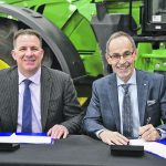 Stuart Cullum, Olds College President (left) and Larry Rosia, Sask Polytech president and CEO sign a MOU at Saskatchewan Polytechnic Saskatoon campus May 30. The two schools have agreed to collaborate in joint activities on the Olds College Saskatchewan Smart Farm. | William DeKay photo