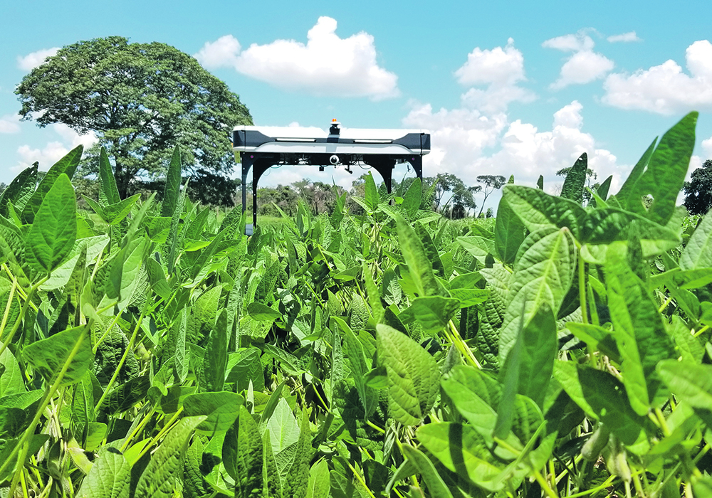 A Solinftec unit watches over a soybean crop.  |  Solinftec photo