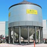 The T-Bin is a 10,000-bushel, portable grain bin that has a telescoping function and dolly system for a quick move and set up time. | Robin Booker photo