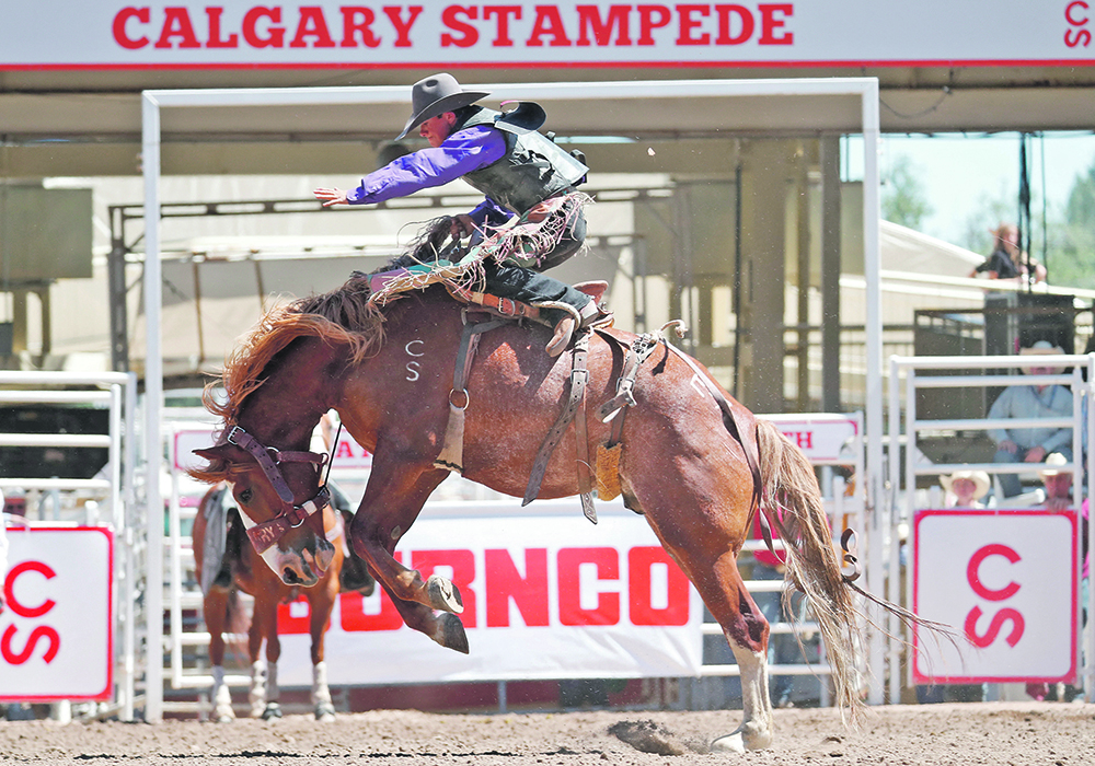 Colten Powell of Innisfail, Alta., rides the horse Exciting Bubbles in the novice bareback event. | Reuters/Todd Korol photo