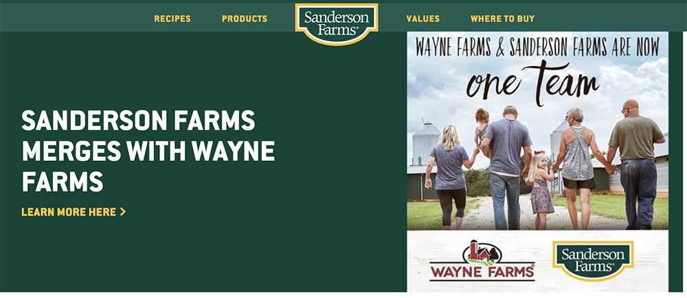 Sanderson Farms will be combined with Wayne Farms, a subsidiary of Continental Grain, forming a new privately held poultry business. | Screencap via sandersonfarms.com