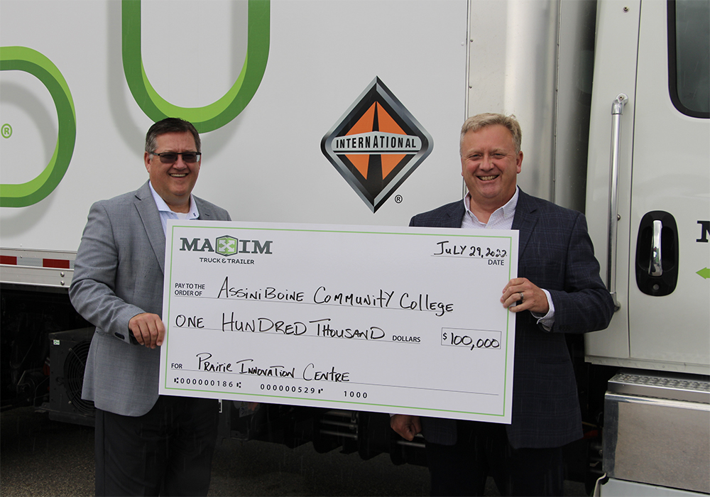 Assiniboine Community College’s Prairie Innovation Centre has received a $100,000 donation from Maxim Truck and Trailer, a Manitoba headquartered heavy-duty truck and trailer dealership. | Screencap via Twitter/@AgAssiniboine