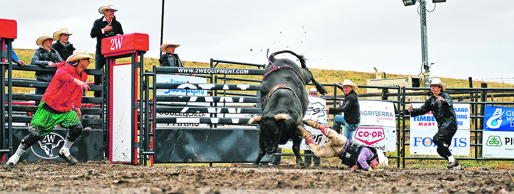 The Wilson Rodeo Grounds at Gleichen, Alta., were the muddy home to a charity event last weekend. The Professional Bull Riders Heckya.ca contest brought cowboys and rodeo stock together to raise money for the Alberta Children’s Hospital. | Kevin Link photo