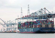 Containers are stacked up on a container ship at the port of Antwerp, Belgium, late last month. Canadian exporters continue to accuse the European Union of using technical barriers to hinder trade.  |  Reuters/Yves Herman photo
