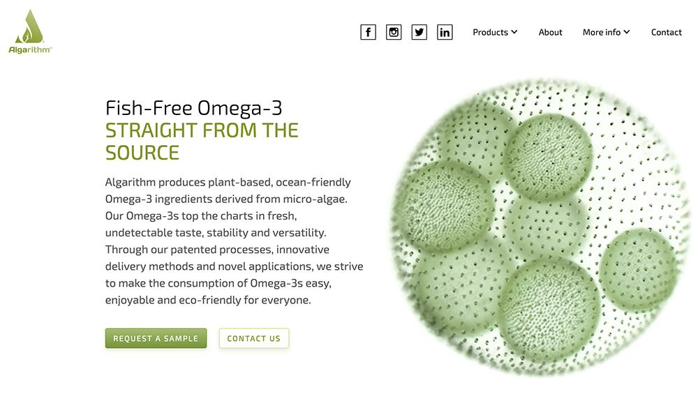 Algarithm produces vegan omega 3 ingredients derived from micro-algae. | Screencap via algarithm.ca