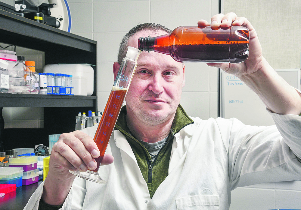 Chris Eskiw, an associate professor in the University of Saskatchewan’s Department of Food and Bioproduct Science, pours beer into a graduated cylinder as part of his research into yeast and beer flavours.  |  William DeKay photo