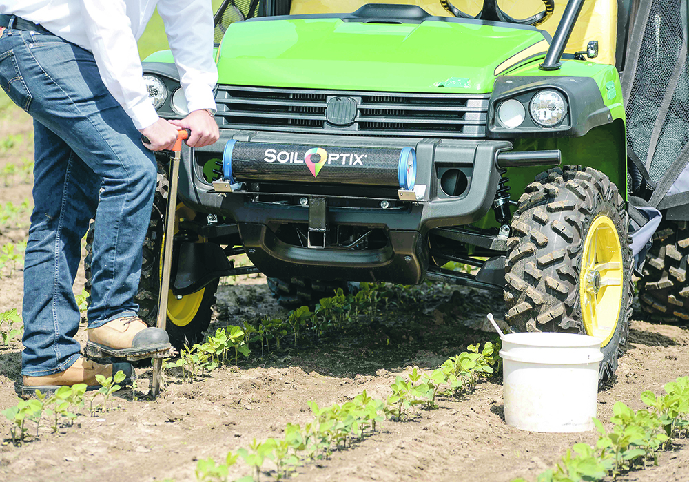 The SoilOptix sensor uses gamma rays that are naturally emitted as the soil decays to create field maps that detail the pH, soil texture, organic matter, carbon and cation exchange capacity, as well as elevation and plant water availability. Soil samples are also collected to help ground truth the sensor’s readings.  |  SoilOptix  photo