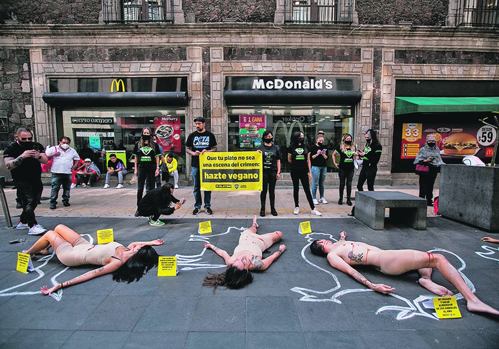 The line between animal activism and bioterrorism can become thin and the threats are increasing over time. These protestors from People for the Ethical Treatment of Animals earlier this year in Mexico City didn’t do more than disrupt traffic, but others threaten to much more damage to farming and food processing.  |  Reuters/Quetzalli Nicte-Ha photo