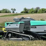 The Amos Power autonomous tractor uses an electric motor to power each track, and a third electric motor to power the power take-off. The battery on the tractors makes up the entire front end of the tractor. | Photo supplied by One3 Design