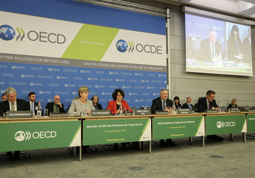 The Paris meeting of the OECD, co-chaired by Canadian Agriculture Minister Marie-Claude Bibeau and New Zealand minister Damien O'Connor, was the first for the organization's Committee for Agriculture since 2016. | Screencap via Twitter/@OECD