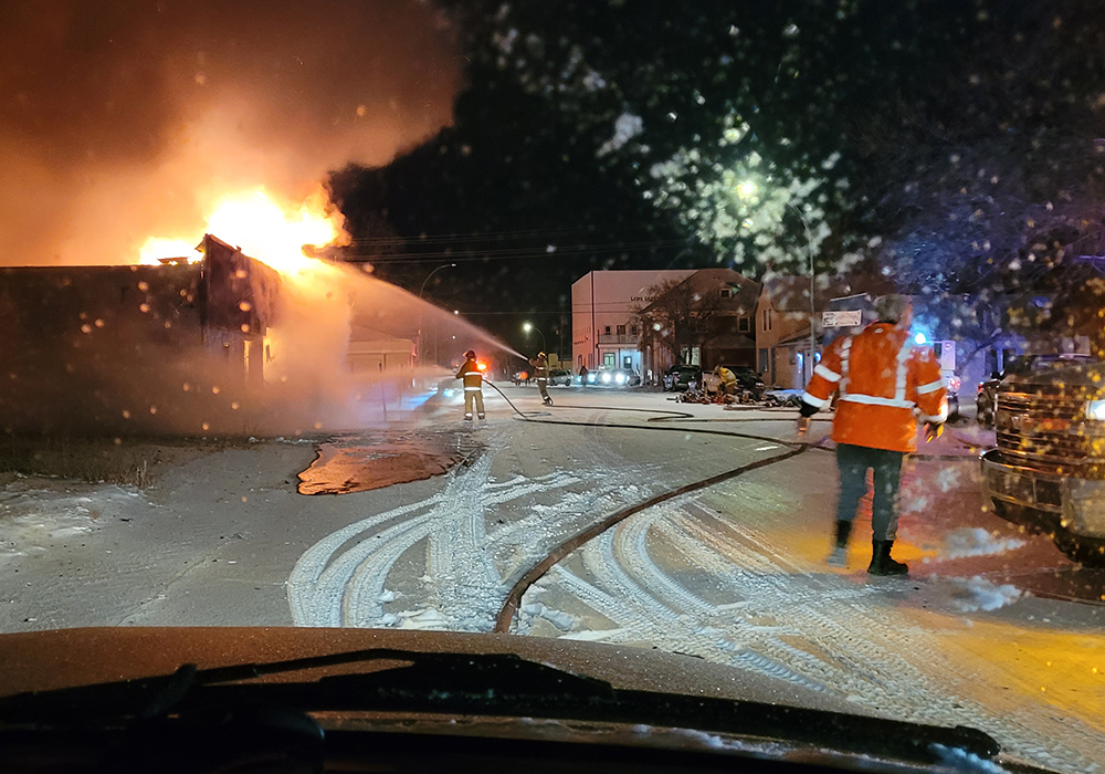 Crews from surrounding communities were dispatched to help the fire department in Radville fight the fire, which broke out at 2:15 a.m. | Kristina Haus photo